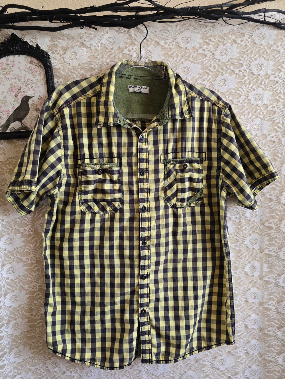 Men's Casual Button-down Shirt - Beans x Bones - Yellow - Black - Y2K - street